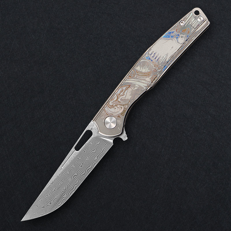 CH Blast Frame Lock Sliver Ti （3.75'' Satin Damascus）