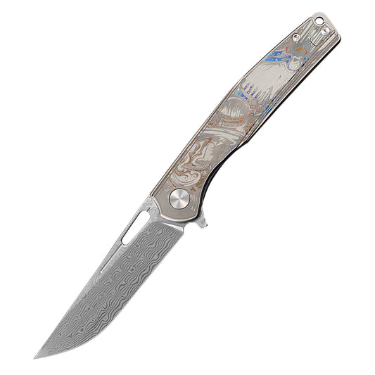 CH Blast Frame Lock Sliver Ti （3.75'' Satin Damascus）