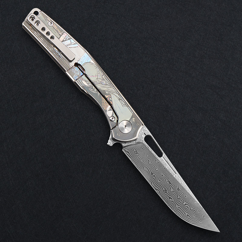 CH Blast Frame Lock Sliver Ti （3.75'' Satin Damascus）