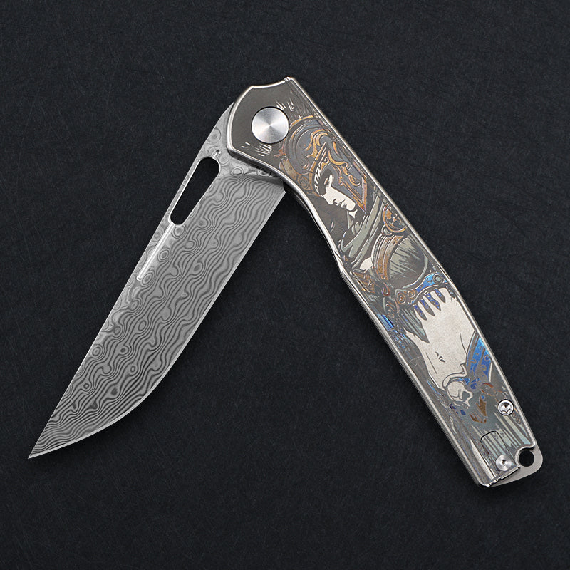 CH Blast Frame Lock Sliver Ti （3.75'' Satin Damascus）