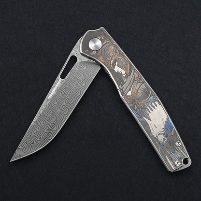 CH Blast Frame Lock Sliver Ti （3.75'' Satin Damascus）
