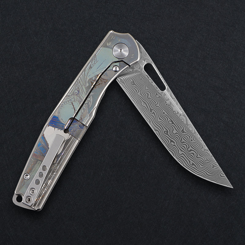 CH Blast Frame Lock Sliver Ti （3.75'' Satin Damascus）